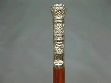 Vintage Solid Silver Brass Handle Antique Victorian Cane Wooden Walking Stick