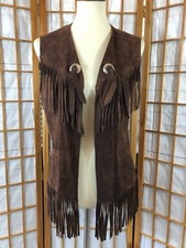 VTG Pioneer Wear Leather Suede Boho Festival Brown Fringe Vest Leather Size 36