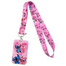 Stitch Angel Character with ID Holder Pink Lanyard Keychain