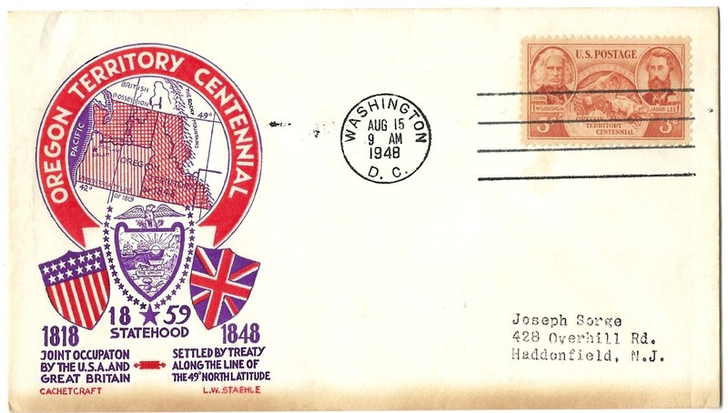 3 '48 FDCs Oregon Cent. SC#964, 100yrs Peace w/Canada 961, NY Consolidate SC#C38