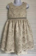 Bonnie Jean Elegant Sleeveless Beige Lace Dress, Size 6, Faux Pearl Sash