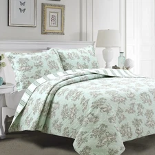 Floral Cottage Toile Mint Green Reversible Quilt Set, Bedspread, Coverlet