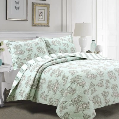 COZY LINE HOME FASHIONS Floral Cottage Toile Mint Green Reversible Quilt Set, Bedspread, Coverlet