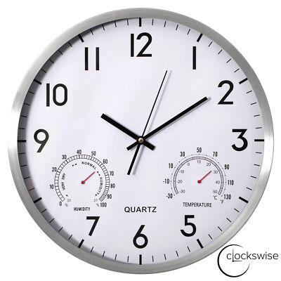 New Clockswise Non-Ticking Quartz Wall Clock with Thermometer & Hygrometer