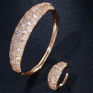 Authentic Sparkly Cubic Zirconia Gold Plated Cuff Bangle Bracelet Ring Wedding Jewelry Set