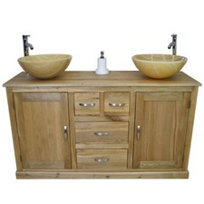 Oak Bathroom Vanity Unit Cabinet Double Twin His & Hers Golden Onyx Basins 603