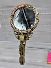 Antique Hand Carved Jade Handle Belt Hook Mirror w/Dragon & Phoenix Deco on Back
