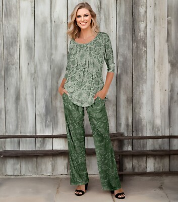 Bon Apple Tea Women's 2 Piece Set - 3/4 Sleeve Pleated Tunic and Pocket Pants