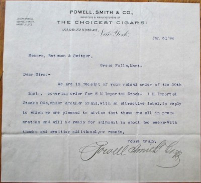 Cigars - Powell, Smith & Co 1894 Letterhead-New York, NY-Great Falls, MT- Tobacco