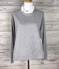Time And Tru Women Gray White Eyelet Ruffle Neck Long Sleeve Top Size XL (16-18)