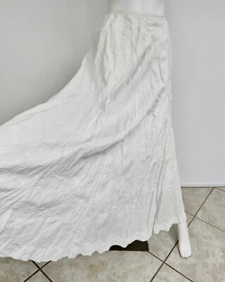 Antique Vintage Victorian White Linen Long Skirt W Hand Embroidery 28 Waist