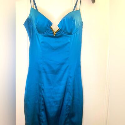 blue satin dress oh polly Long Sleeve Metallic Jersey Evening Gown in Electric Blue - 8 main image 1