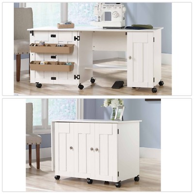 White Sewing Machine Craft Table Drop Leaf Shelves Storage Bins