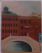 Cesare Pezzali Dipinto Case con ponte Quadro Olio su tela 45x35 cm Firmato 1973