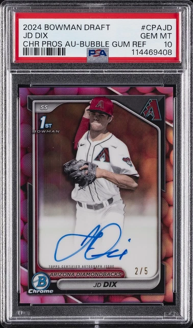 2024 BOWMAN DRAFT CHROME PROSPECT AUTO BUBBLE GUM REFRACTOR JD DIX 2/5 PSA 10