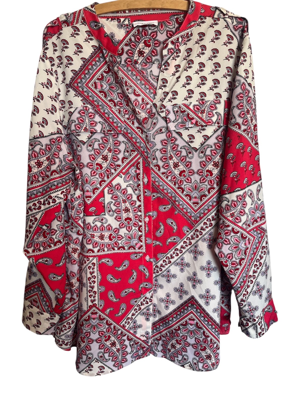 Calvin Klein Roll Sleeve V Neck Button Down Women’s PLUS Size Paisley L/S Blouse