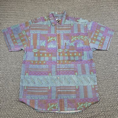 VTG Santana MENS LARGE Surf Beach Hawaiian Aloha Camp Button Up Shirt Geometric