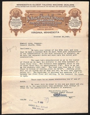 1920 Johnson Supply Co Furniture Virginia, MN Letterhead Kimball Elevators (#2)