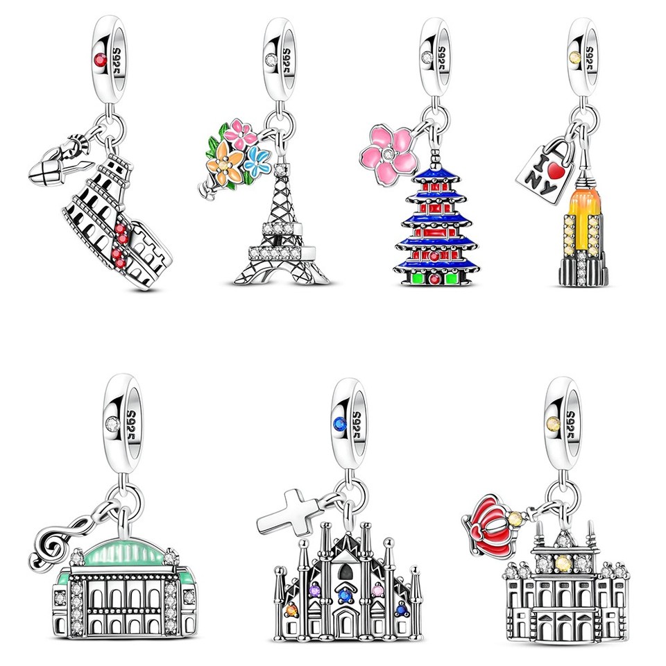 Pulsera MULA Europea de Plata de Ley 925 Dijes Circonita cúbica Edificios Famosos para Mujer