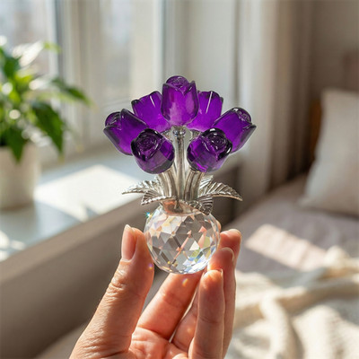 Crystal Colorful Rose Flower Collectible Figurine With Vase Rose Bouquet Floral