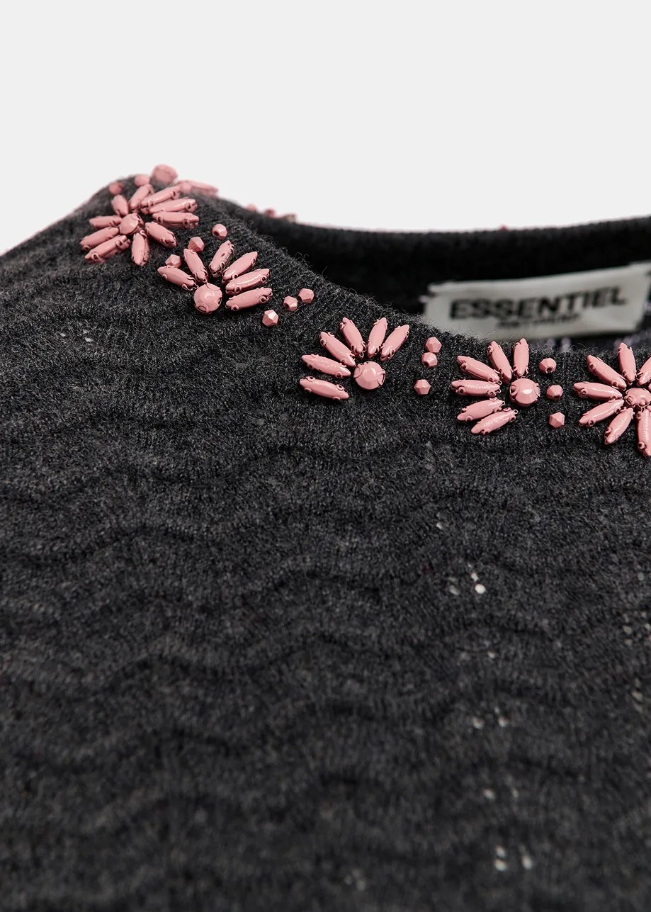 ESSENTIEL Antwerp Gray Knitted Sweater with Pink Flower Decorated Collar Size S image 8