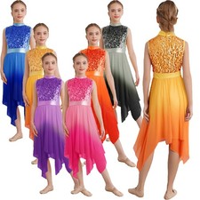 Kids Girls Dancewear Tunic Dress Asymmetrical Dresses Robe Praise Mock Neck Hem