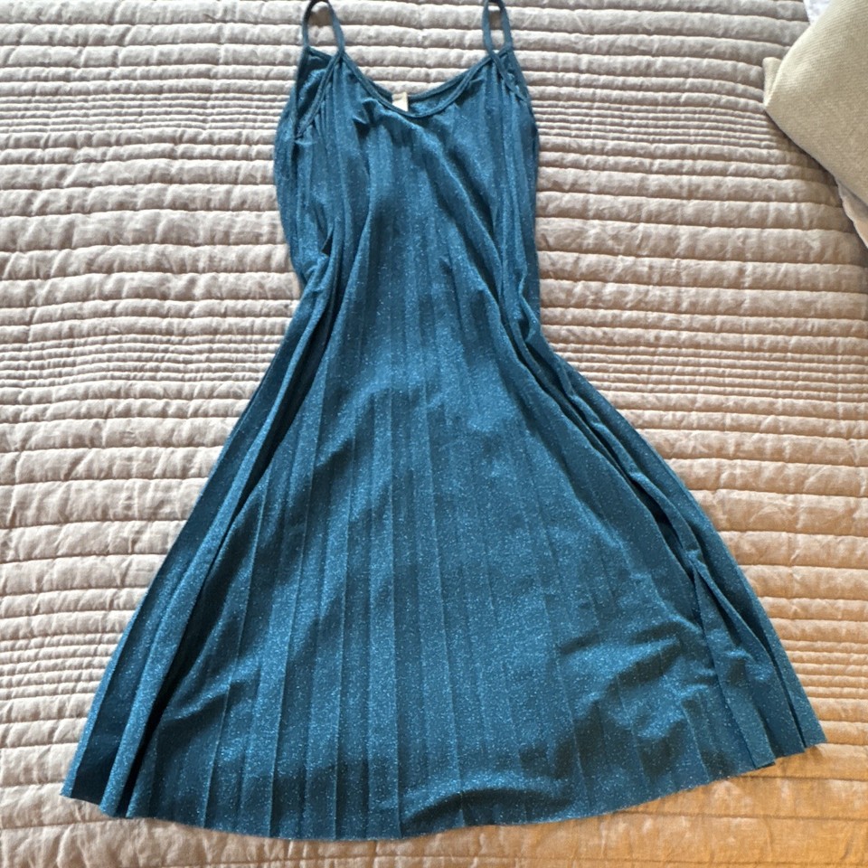 Women’s Blue Slip Dress Midi V-Neck Pleated Spaghetti Strap Stretch One Size