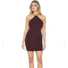 NWT Nookie Scandal Mini Sz S Chocolate Brown Chain Halter Party Mini Dress Sexy