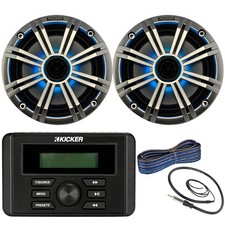 Kicker KMC3 Marine USB Receiver, 2x 6.5" LED Speaker w/Grille, Wire, Antenna