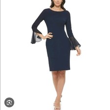Calvin Klein Navy Sheath Dress Chiffon Bell Sleeves Button Detail Size 4P #692