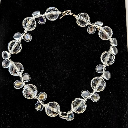 Faceted Cut Rock Crystal Beaded Statement Necklace 925 Clasp Wire 18" - Picture 4 of 8