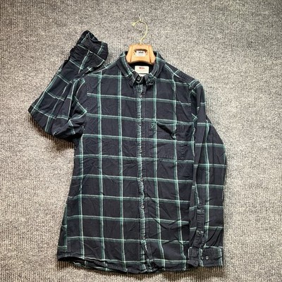 Fjallraven Ovik Flannel Shirt Mens Medium Navy Blue Green Long Sleeve Comfort