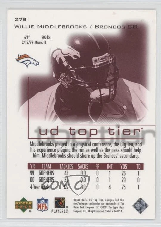 2001 Upper Deck UD Top Tier Rookie /2500 Willie Middlebrooks #278 Rookie RC - Image 2 of 2