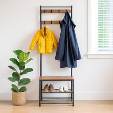 Image of Steel Coat Rack with Shoe Storage Square Bench Clothes Hat Stand Hanger 9 Hooks
