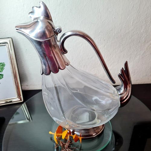 Rooster Wine Decanter, Silver Plated Crystal Carafe Vintage French Rustic Barwar - Picture 14 of 14