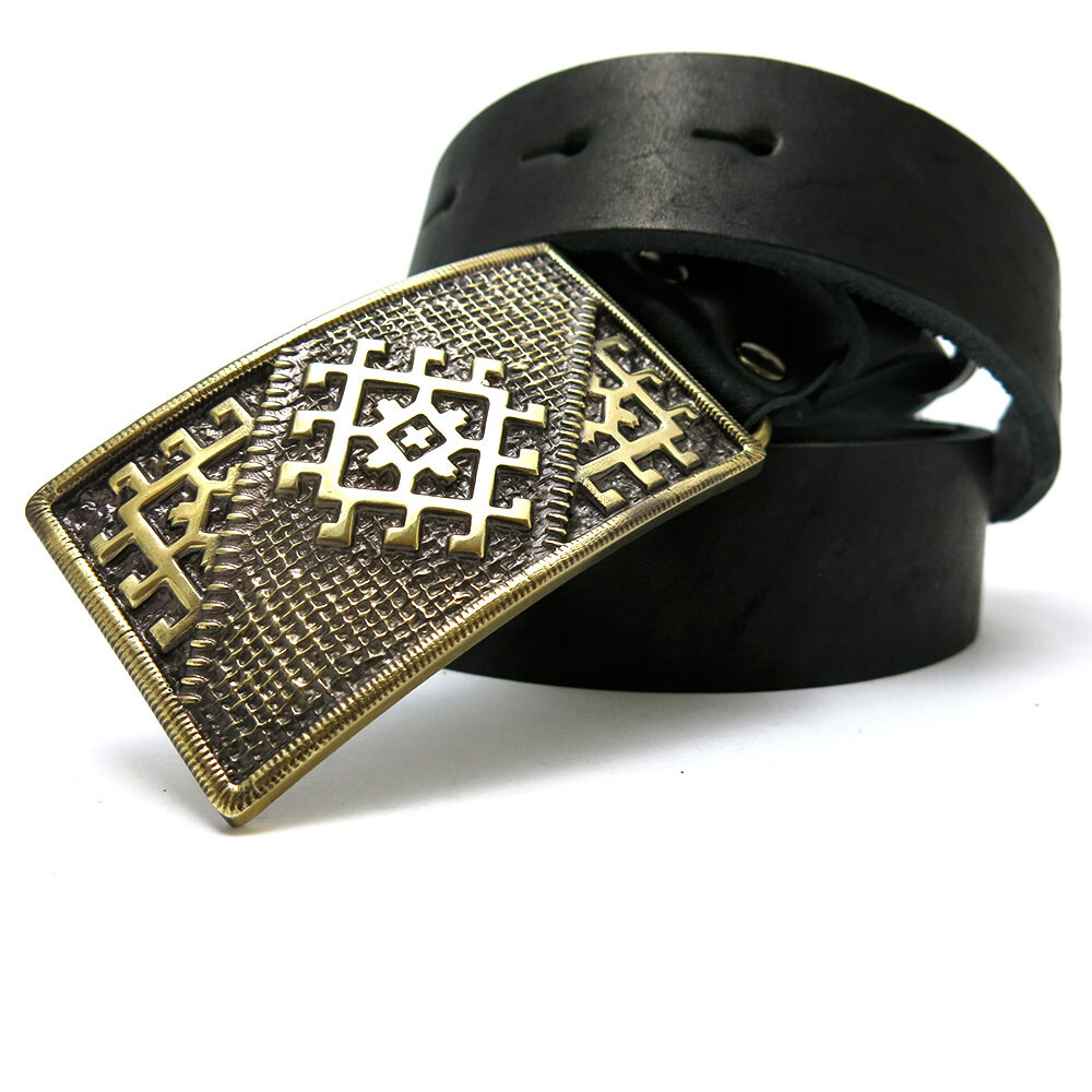 Leather belt with brass buckle featuring ancient Slavic pagan sun symbol-image