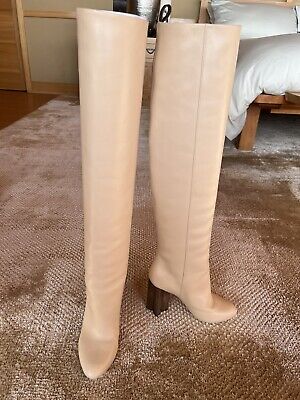 Louis Vuitton Cream Leather Knee High Wooden Heel Boots IT37 Louis Vuitton Cream Leather Knee High Wooden Heel Boots IT37