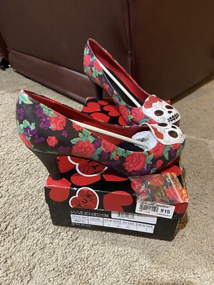 TUK Day Of The Dead Multi Floral Sugar Skulls Roses Anti Pop Pump Heels Size 9