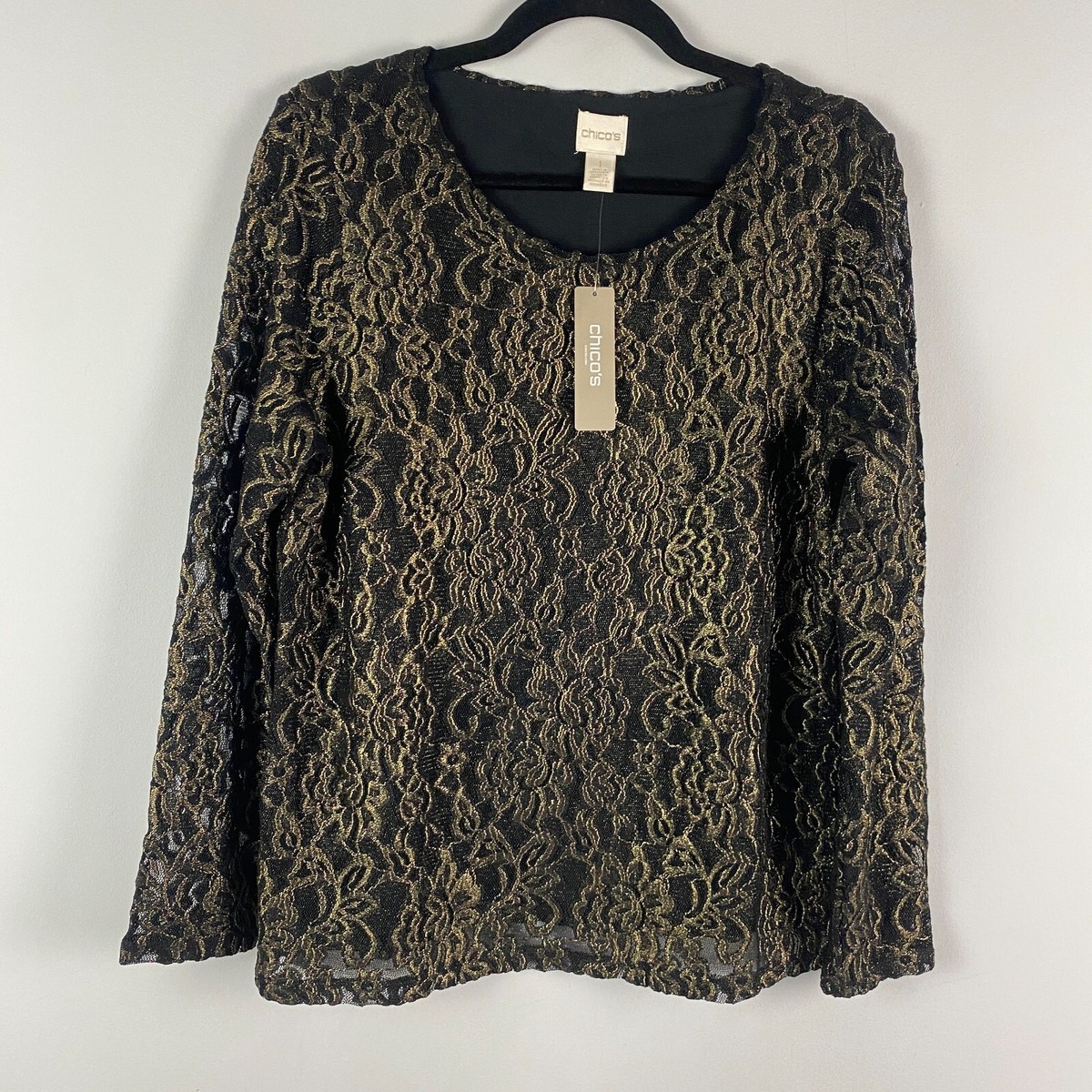 Chicos Black Gold Foil Floral Lace Top Size 1 US M Long Sleeve | eBay