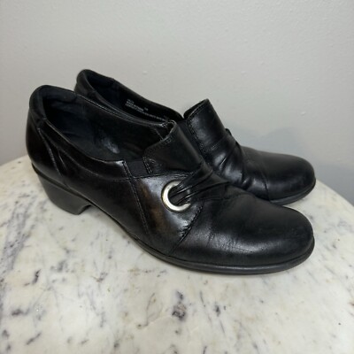 Clarks Bendables Womens Sz 8M Black Leather Comfort Shoe Slip on Heels -U1 