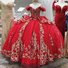 Red Quinceanera Dresses Off The Shoulder Gold Lace Applique Beading Tull Mexican