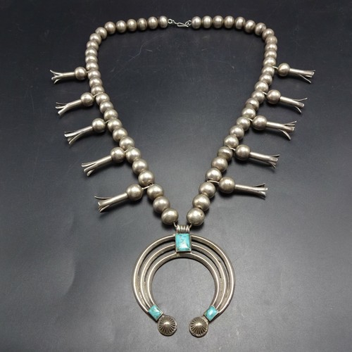 Old ANTIQUE Coin Silver TURQUOISE Squash Blossom NECKLACE circa 1910 Triple Naja