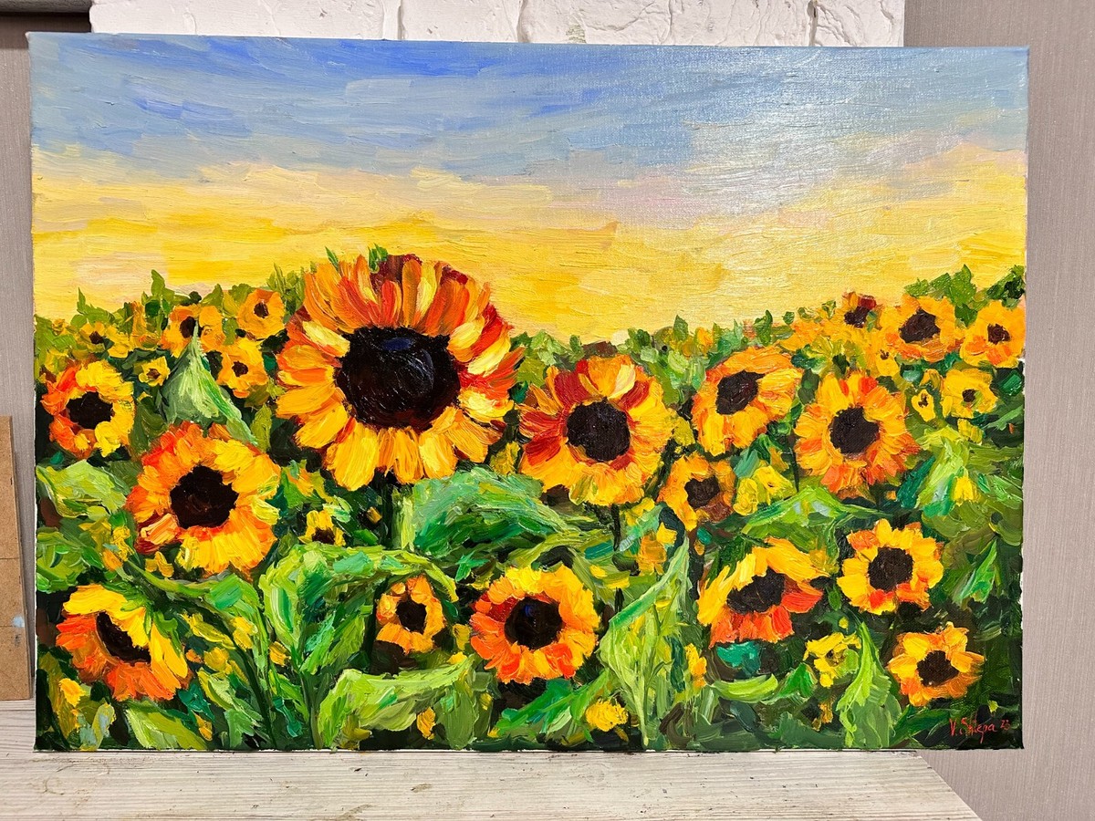 Sunflowers Field Original Oil Painting Landscape Flowers Ukrainian
