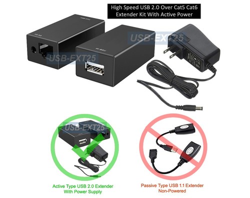 High Speed USB 2.0 Over Ethernet Cat5e Cat 5 Cable Extender Kit W/ Active Power - Picture 4 of 5