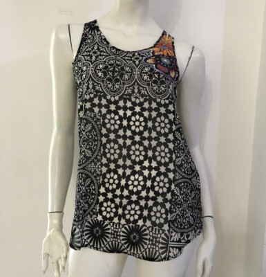DESIGUAL Black White Beaded Detail Tank Top Size XS