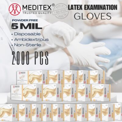 MEDITEX  Disposable Exam Latex Gloves White Powder Free 5mil S-XL 2000 PCS