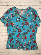 Cherokee Dr Seuss CAT IN THE HAT Women SCRUB TOP Sz M 100 Cotton Blue