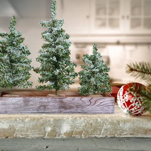 Mini Snowy Artificial Canadian Pine Trees 3 Pack Wood Bases Rustic Planter - Picture 4 of 8