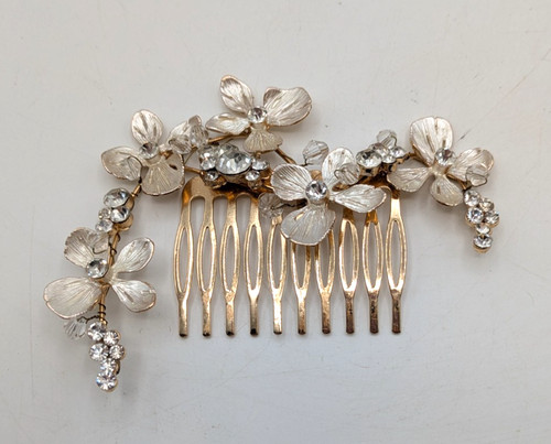 Gold Tone Bridal Hair Comb Metal Flowers Rhinestone Embellishments 4"
