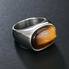 Bague En Argent Plaqué Or Blanc 14K En Œil De Tigre Naturel Pour Homme #1602